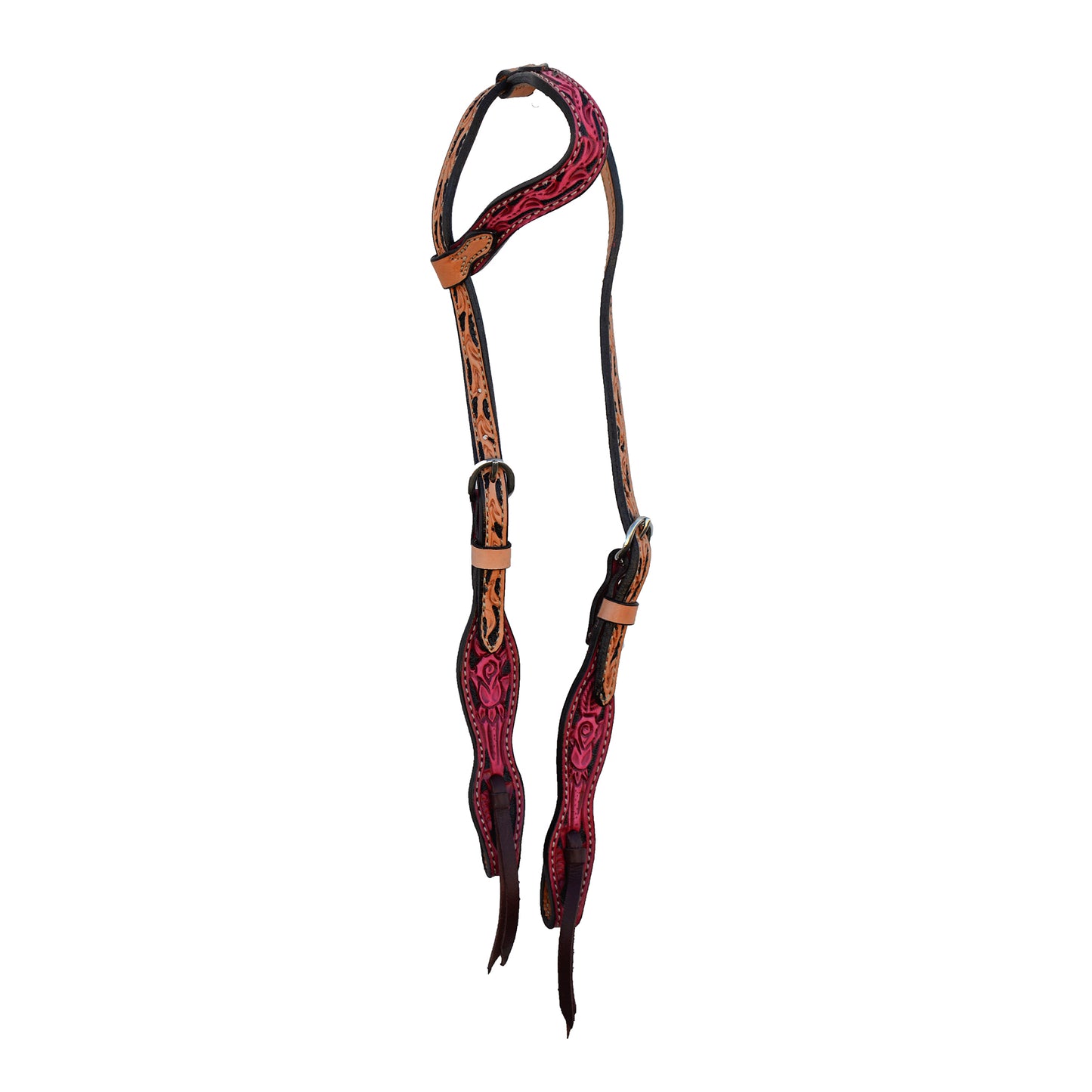 5/8" wave one ear headstall dirty pink and golden leather rose tooling with black background paint.