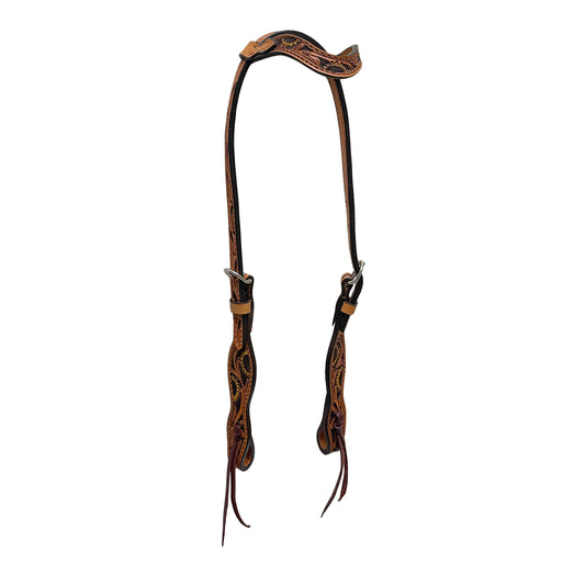 5/8" wave one ear headstall golden leather sunflower tooling with brown background paint antique finish.