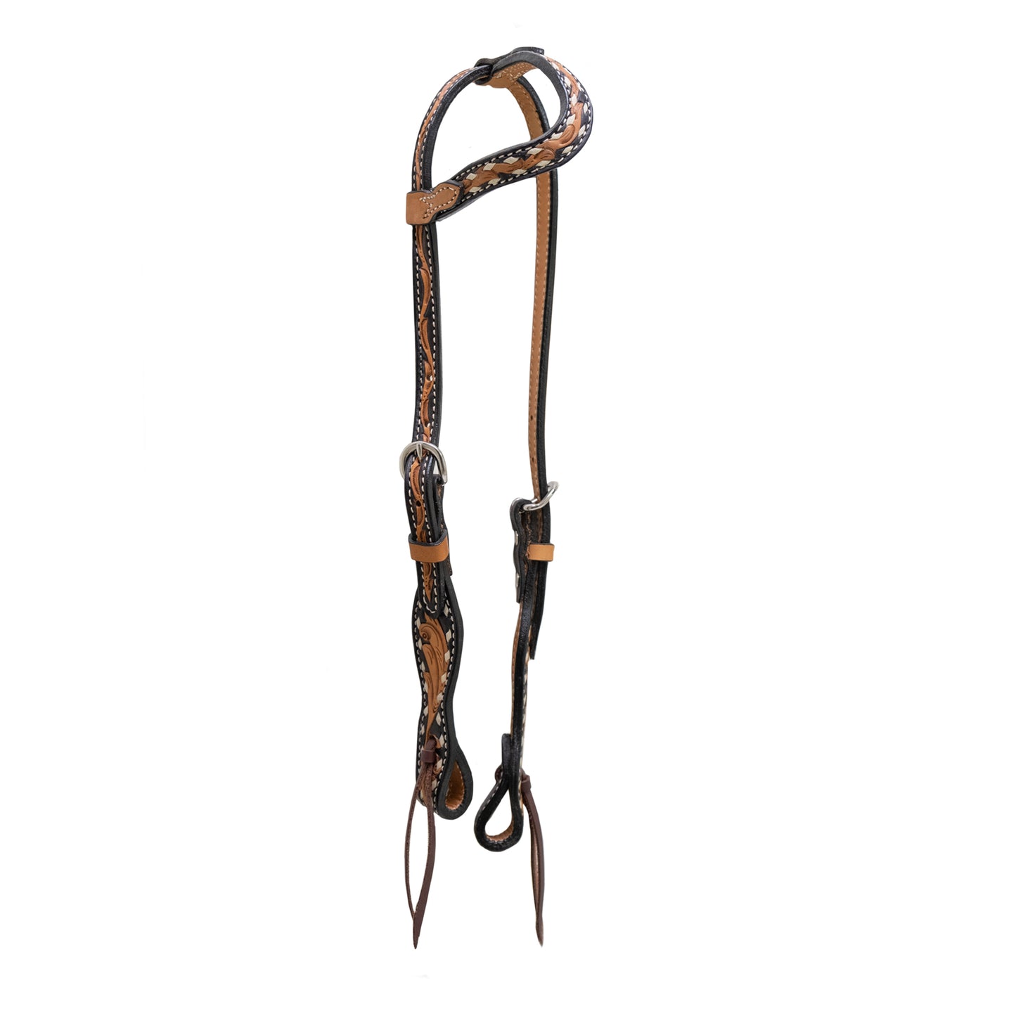 5/8" wave one ear headstall golden leather sunrise tooling black paint to the edge with rawhide buckstitch. 
