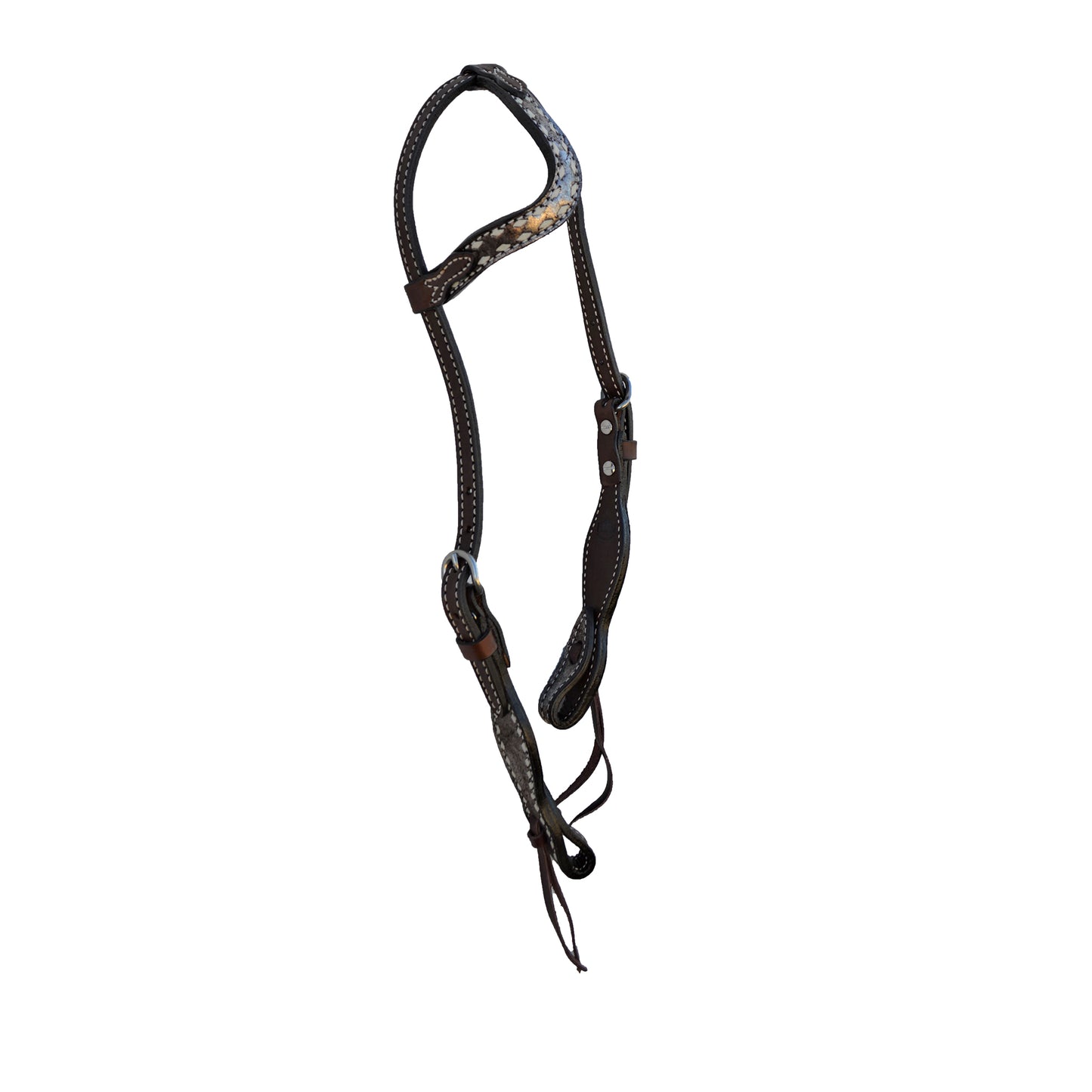 5/8" wave one ear headstall chocolate leather vintage metallic overlay with rawhide buckstitch.