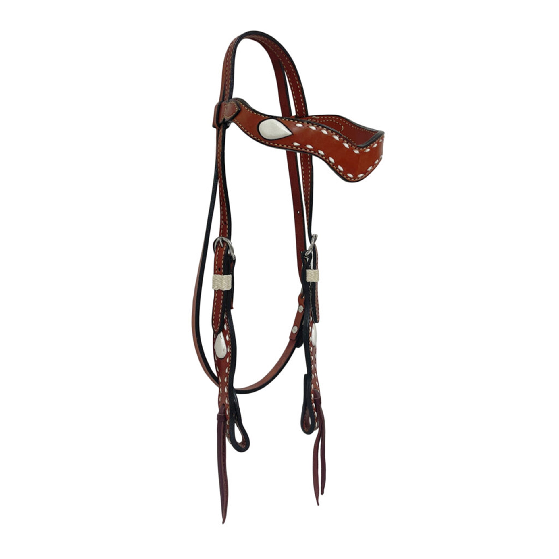 1-1/2" Wave browband headstall toast leather white inlay teardrop with white buckstitch and bleach rawhide loops.