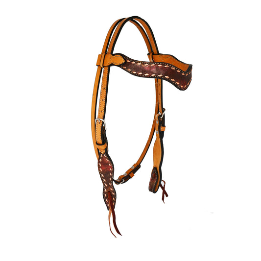 1-1/2" Wave browband headstall golden leather vintage metallic rose dust overlay with copper buckstitch.