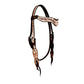 1-1/2" Wave browband headstall rough out chocolate leather floral tooled with ivory rustic background paint.