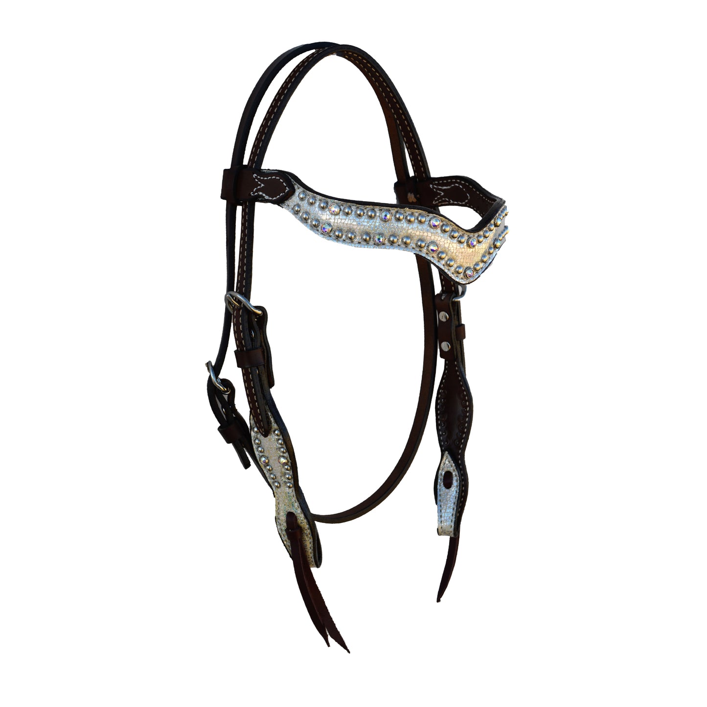 1-1/2" Wave browband headstall chocolate leather holographic overlay with Swarovski crystals and SS spots.