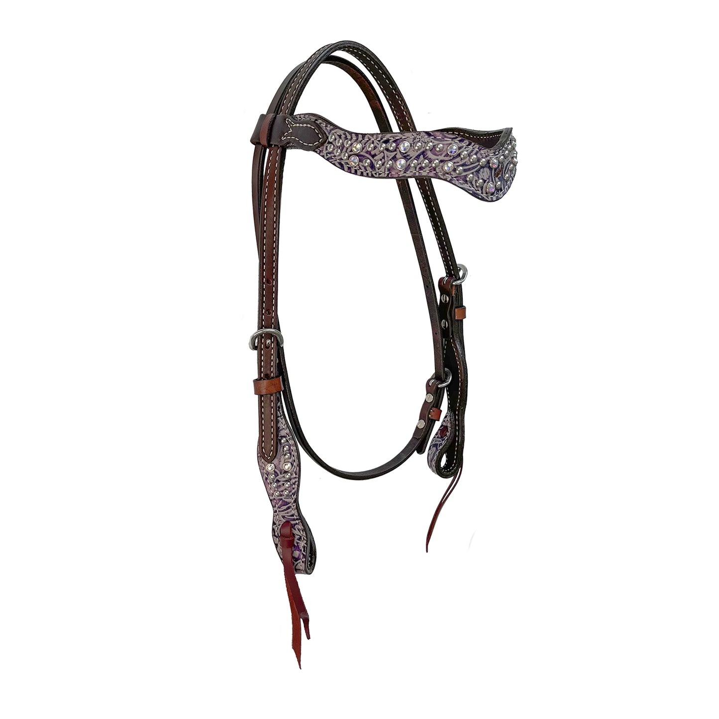 1-1/2"  Wave browband headstall chocolate leather lilac overlay with Swarovski crystals and SS spots.