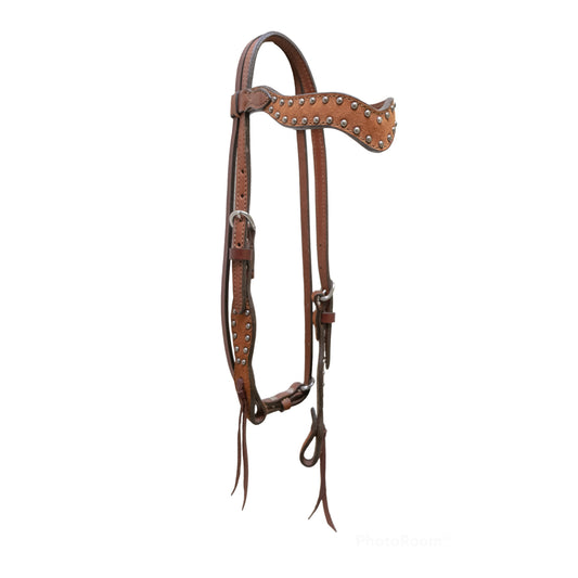1-1/2" Wave browband headstall rough out toast leather with pewter spots.