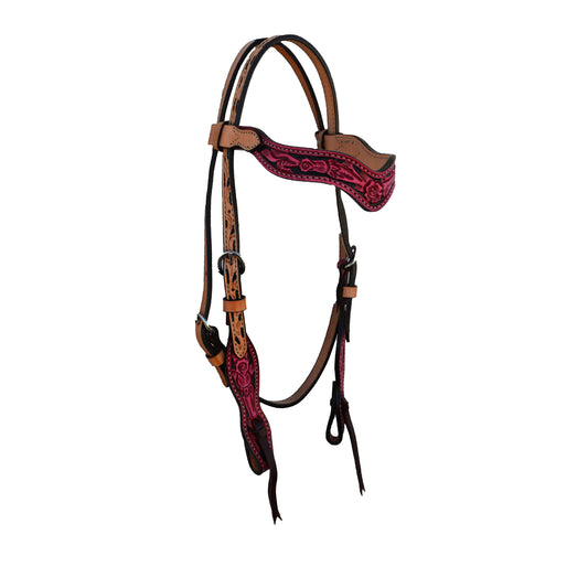 1-1/2" Wave browband headstall dirty pink leather rose tooling with black background paint.