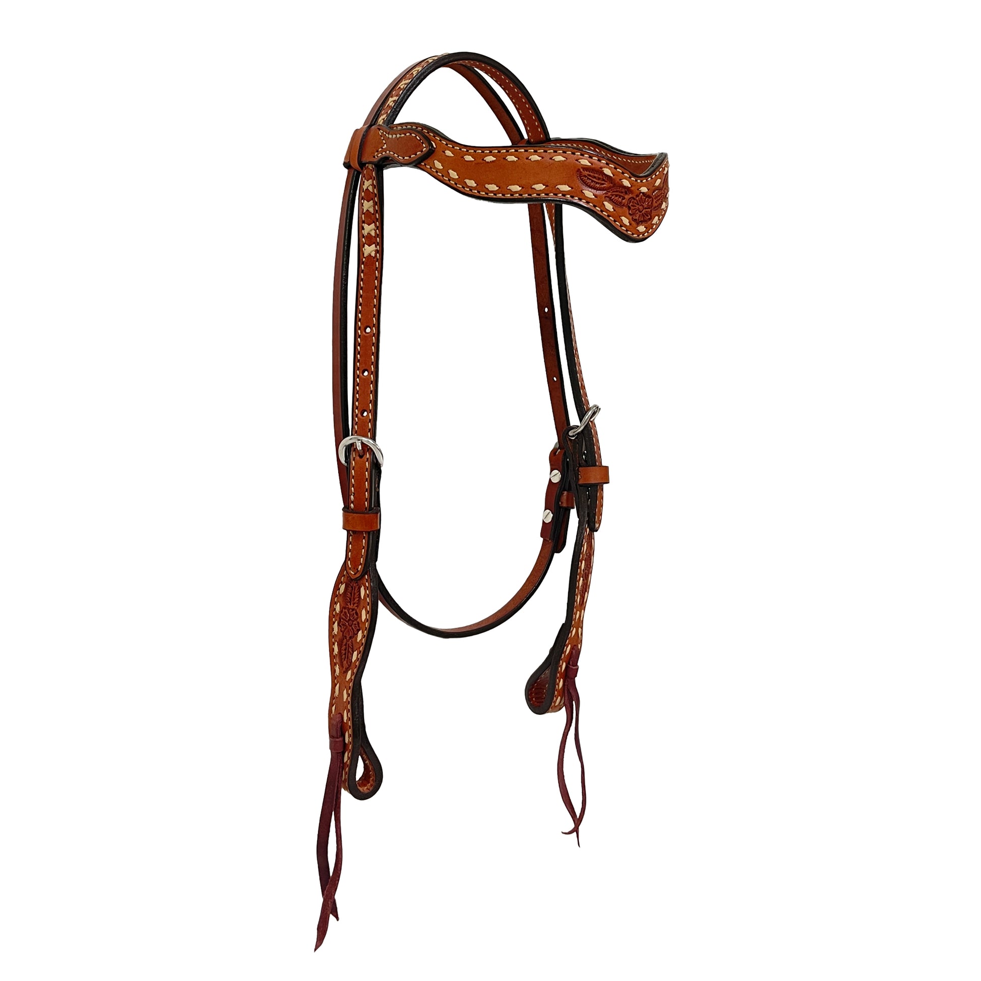 1-1/2" Wave browband headstall toast leather flower seed tooling and with cream buckstitch.