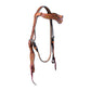 1-1/2" Wave browband headstall golden leather sunflower tooling with brown background paint and an antique finish.