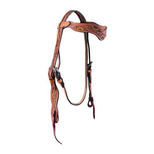 1-1/2" Wave browband headstall golden leather sunflower tooling with brown background paint and an antique finish.