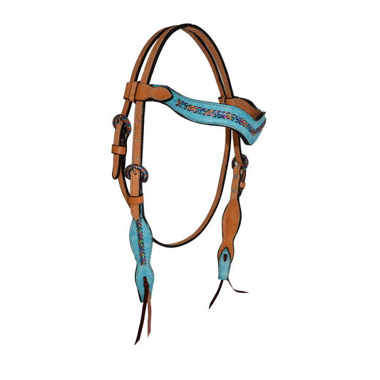 1-1/2" Wave browband headstall golden leather turquoise marble overlay with fiesta braiding and Spanish lace hardware.