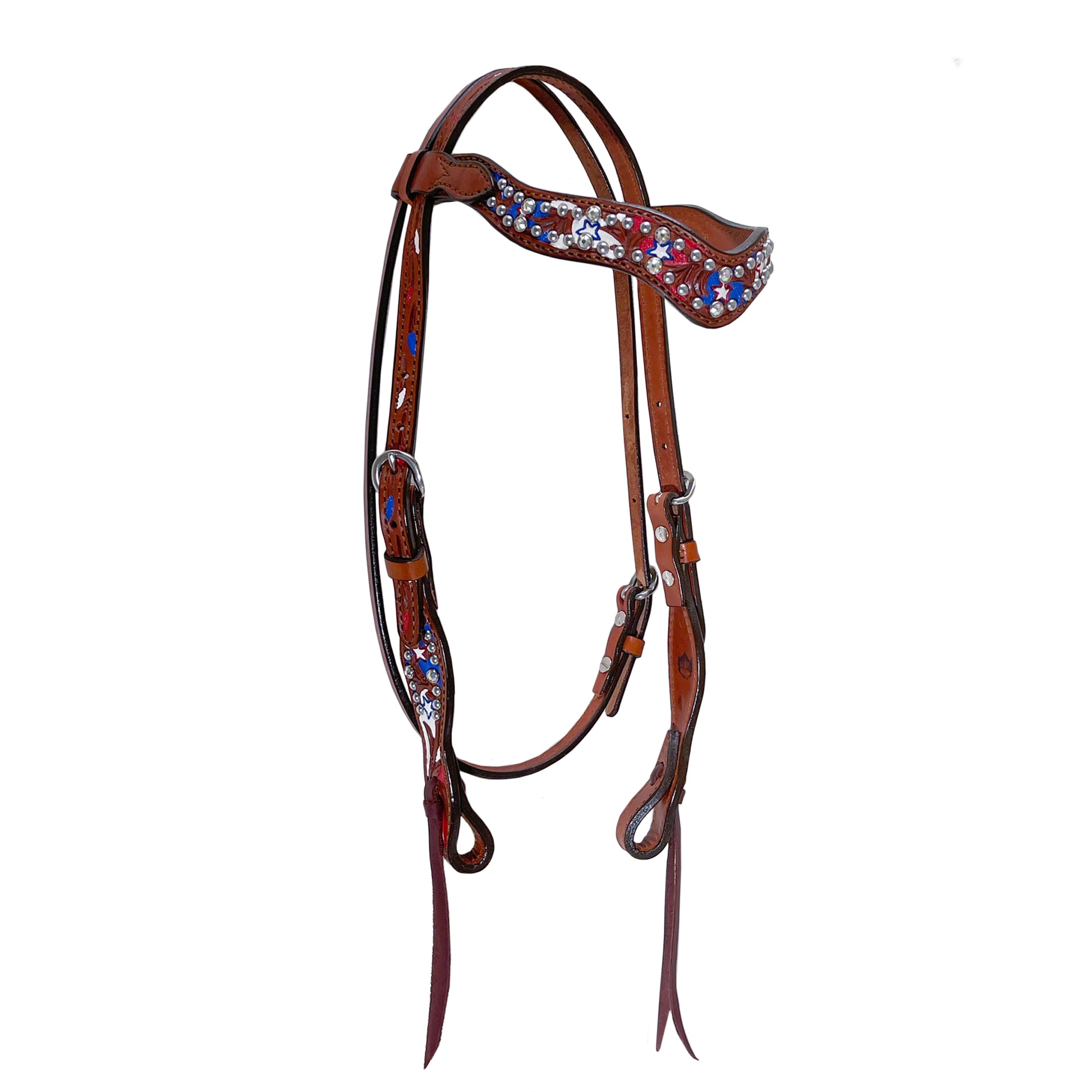 1-1/2" Wave browband headstall toast leather combo AA/star tooling with multicolored background paint, Swarovski crystals, and SS spots.