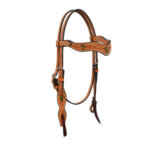 1-1/2" Wave browband headstall golden leather cactus tooling with green painted arrows.