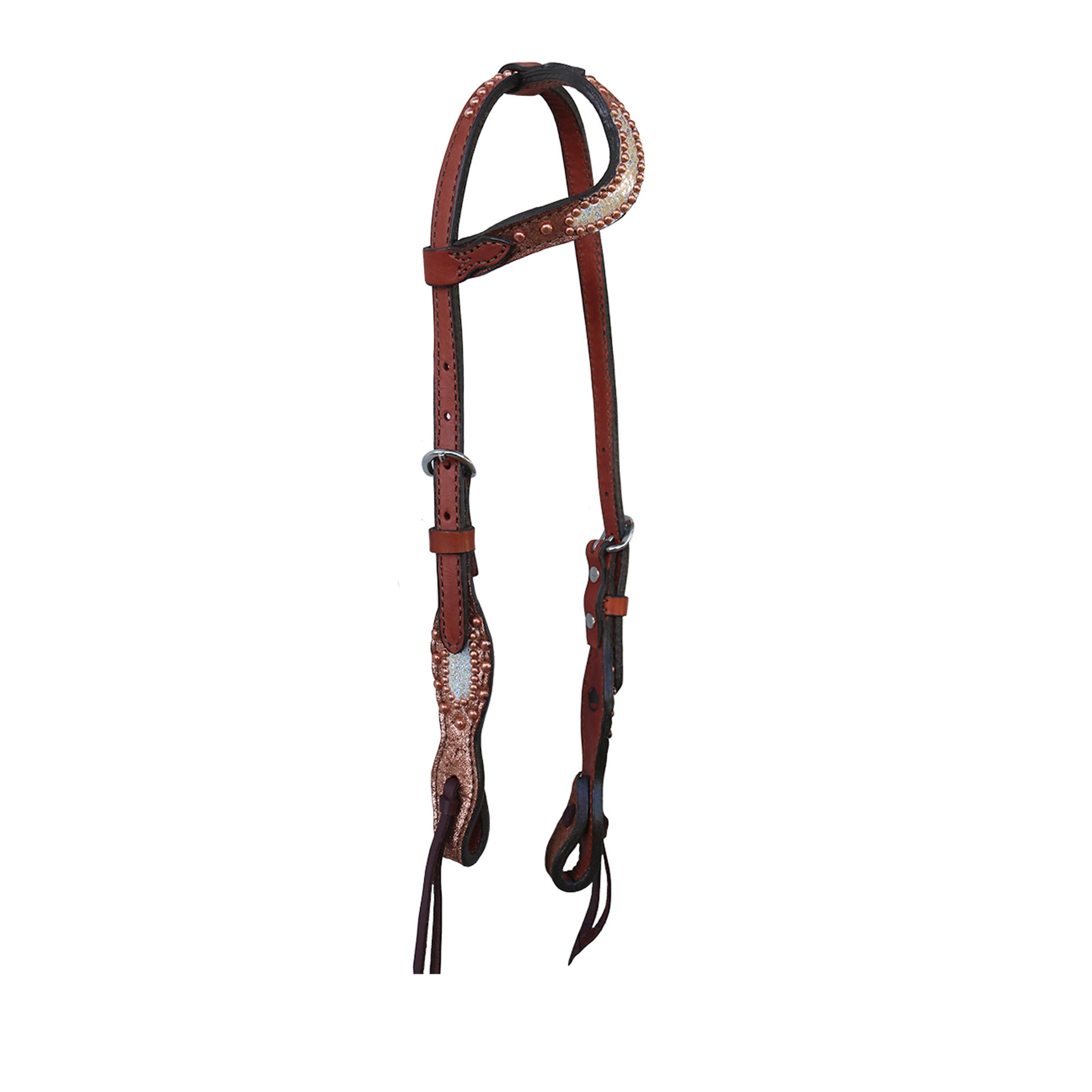 5/8" Wave one ear headstall toast leather copper crackle background overlay and holographic overlay with copper spots.