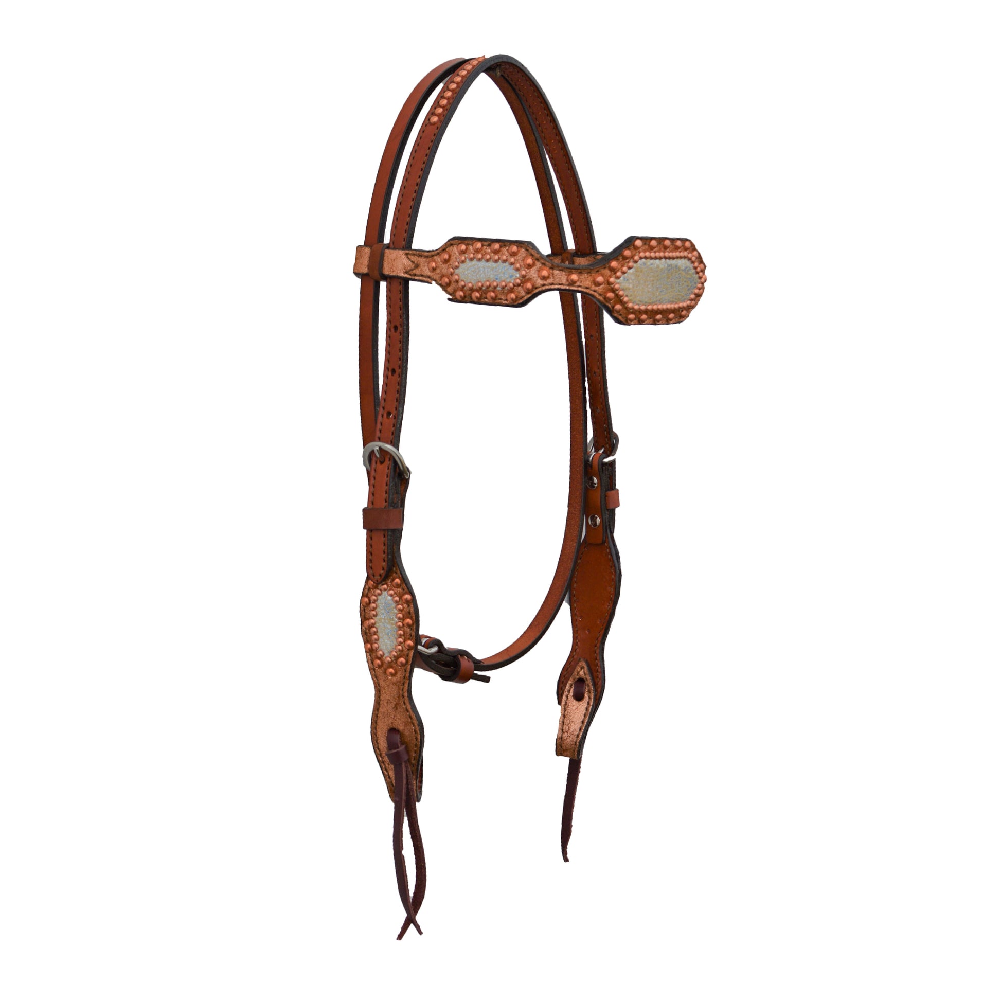 2" Scalloped browband headstall toast leather copper crackle background overlay and holographic overlay with copper spots.