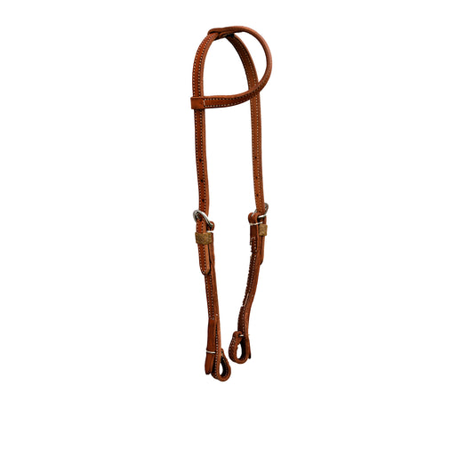 5/8" Flat one ear headstall harness leather with quick change cheeks and rawhide braided loops.