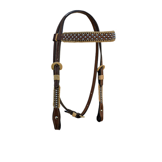 1/2" Straight browband headstall toast leather natural and black rawhide braiding with black tassels.