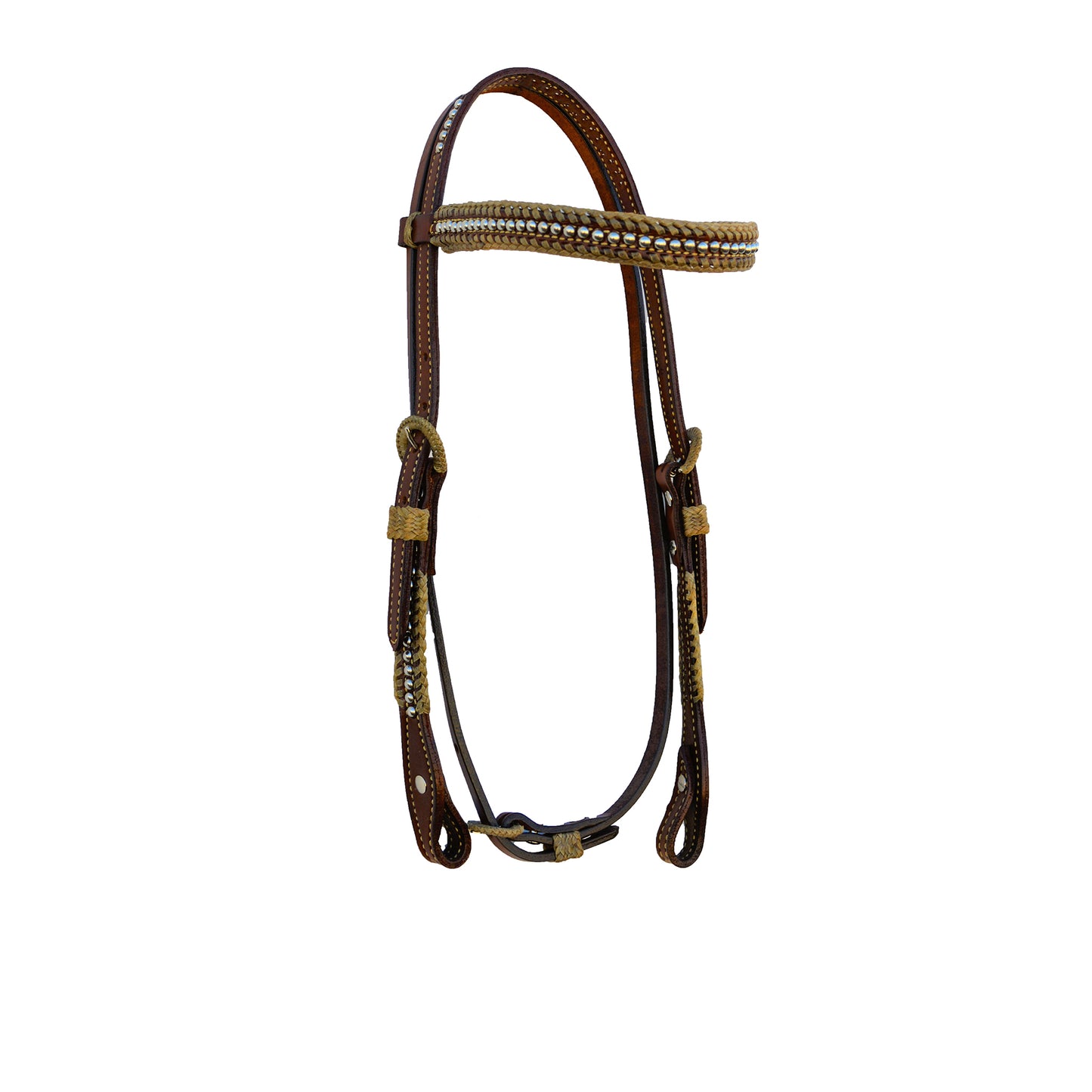 1/2" Straight browband headstall toast leather with rawhide Spanish lace, spanish lace hardware, braided loops, and spots.