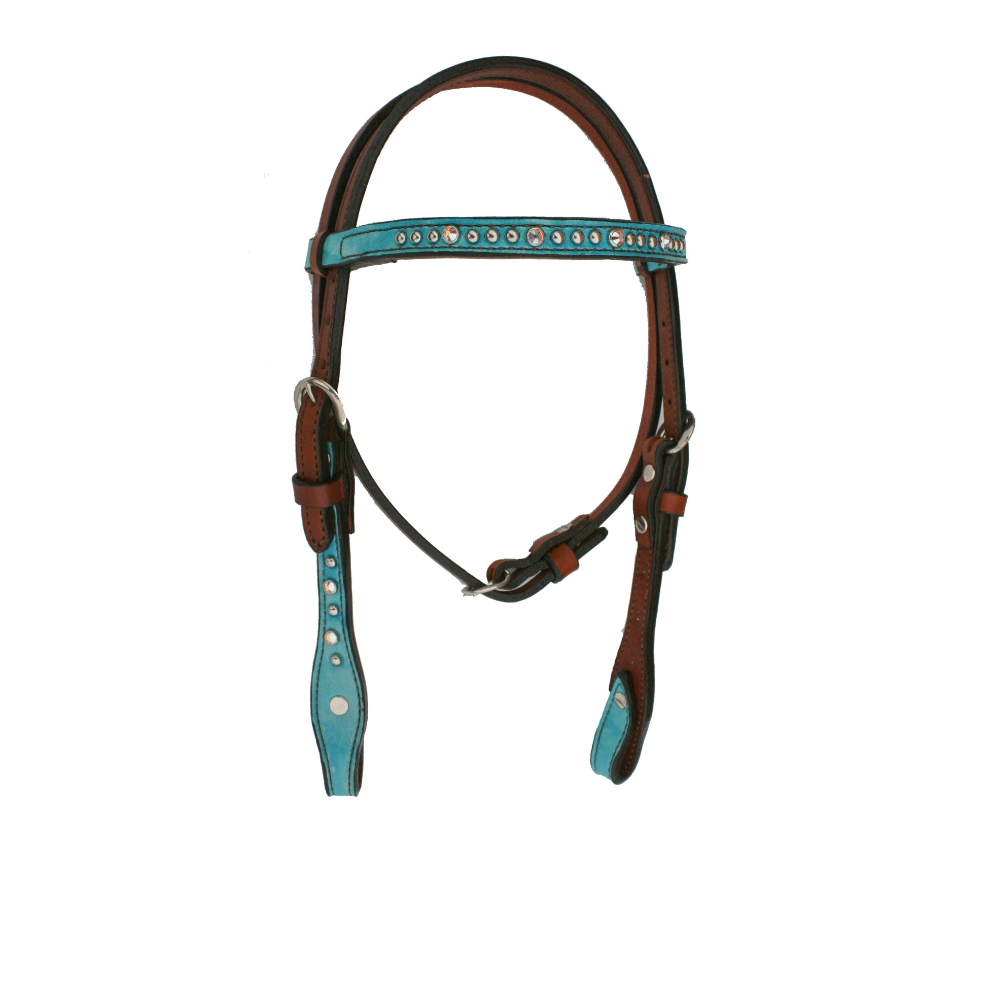 1/2" Pony straight browband headstall toast leather turquoise marble overlay with Swarovski crystals and SS spots.  