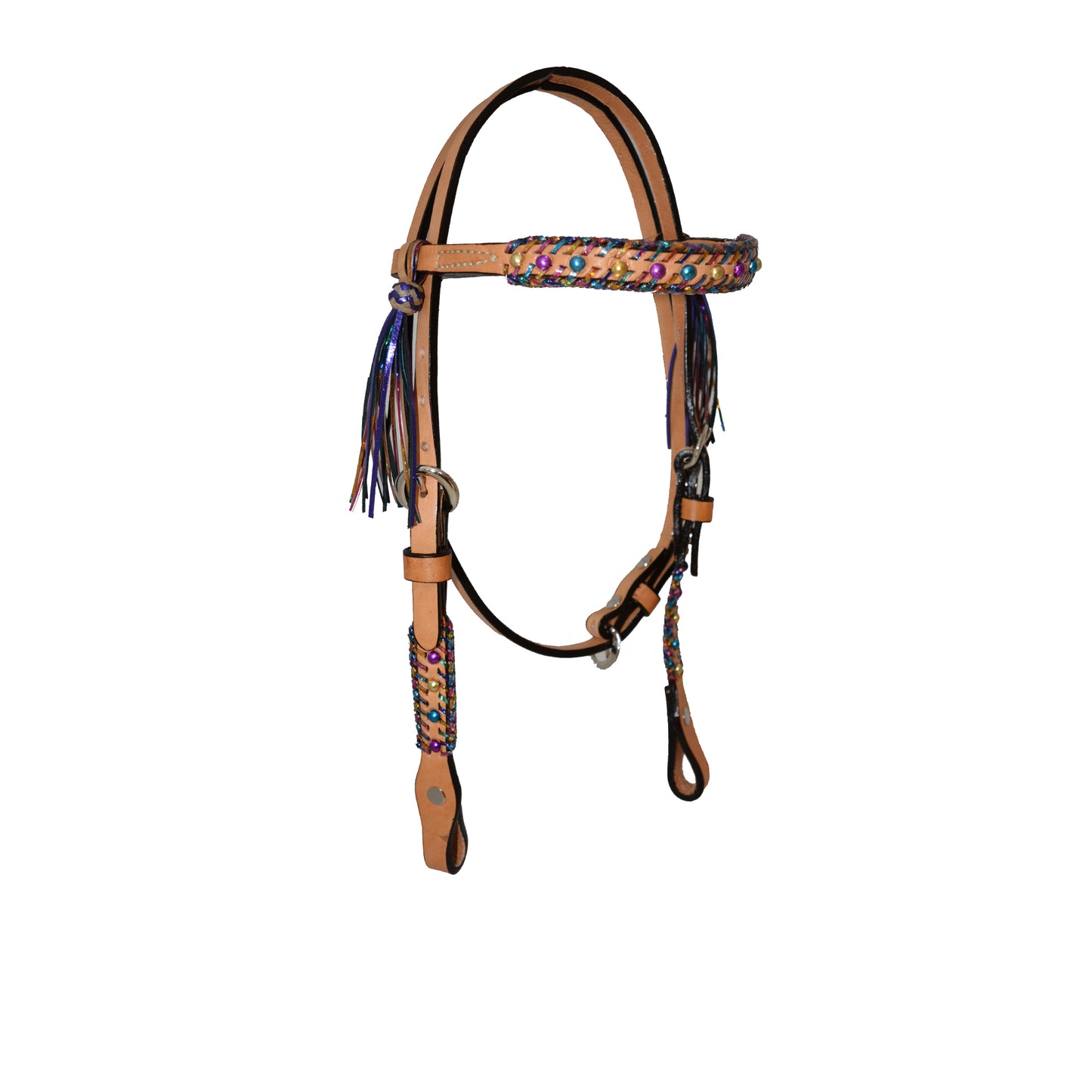 2715-TD 1/2" Pony straight browband headstall golden leather with fiesta Spanish lace, spots, and tassels