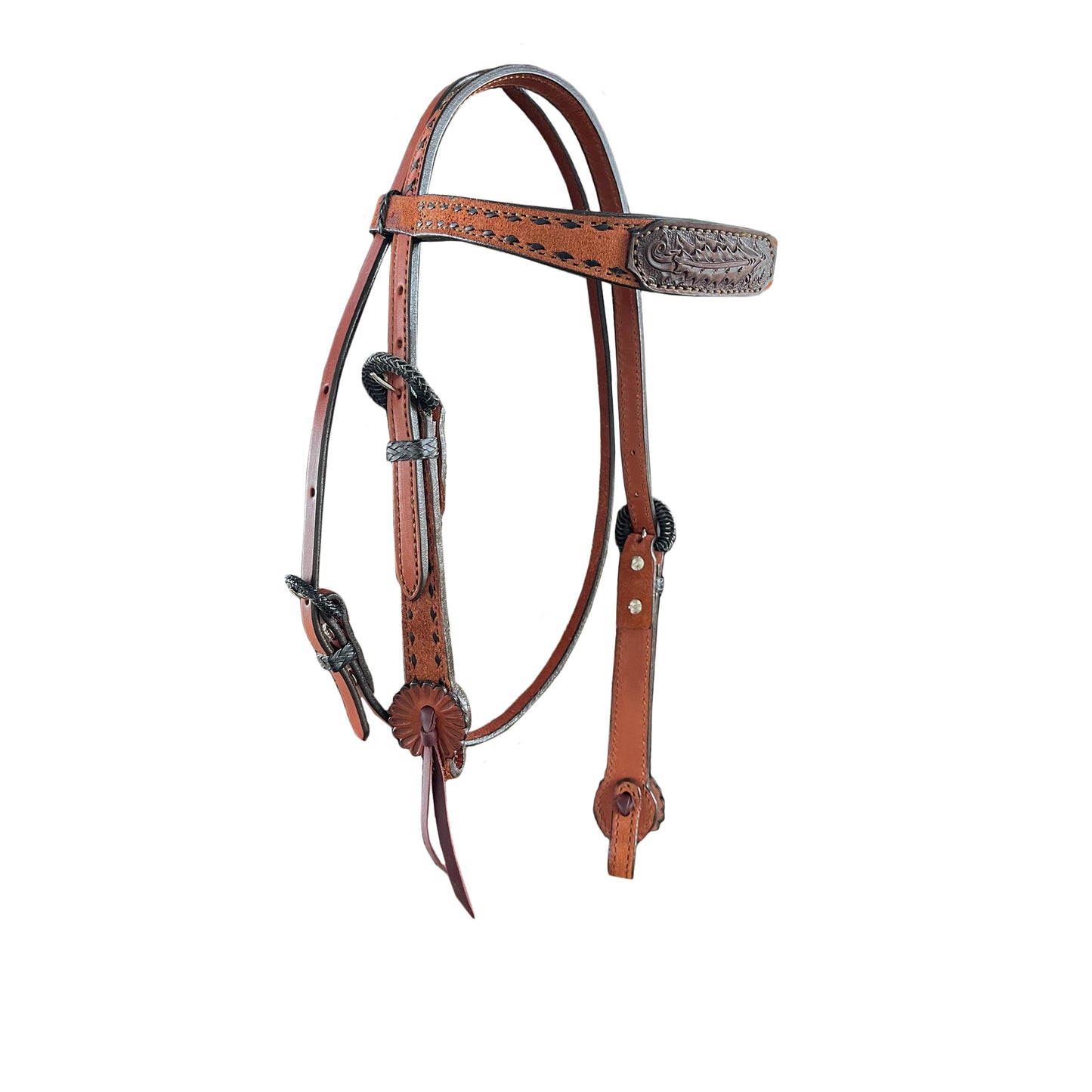 1-1/2" Contour browband headstall rough out toast leather with chocolate oak leaf tooled patch, black buckstitch, braided loops, and Spanish lace hardware.