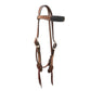 1-1/2" Contour browband headstall rough out toast leather with black oak leaf tooled patch, white buckstitch, braided loops, and Spanish lace hardware.