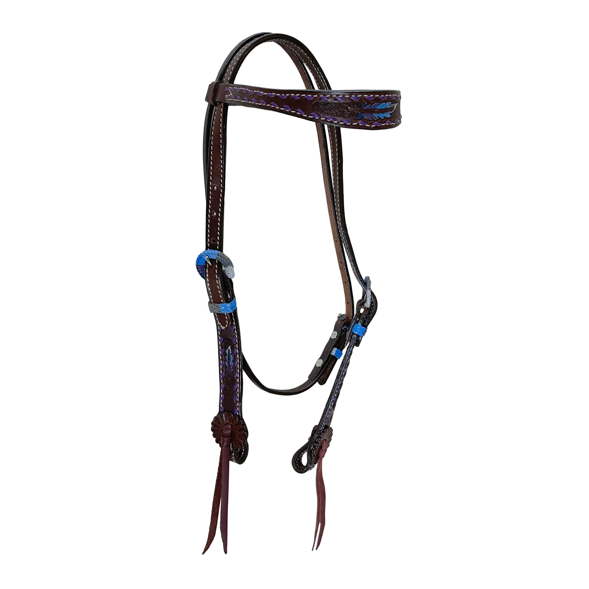 1-1/2" Contour browband headstall chocolate leather multicolored feather tooled with purple buckstitch, multicolored Spanish lace hardware, and loops.