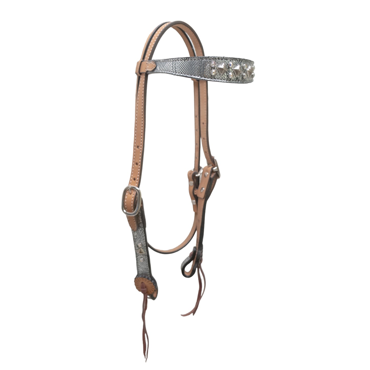 1-1/2" Contour browband headstall golden leather silver python overlay with Swarovski crystals and SS pyramid spots. 