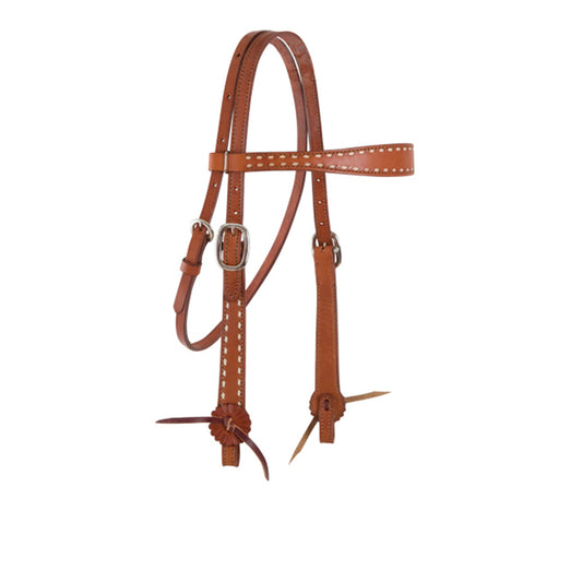 1-1/2" Contour browband headstall toast leather with rawhide buckstitch.