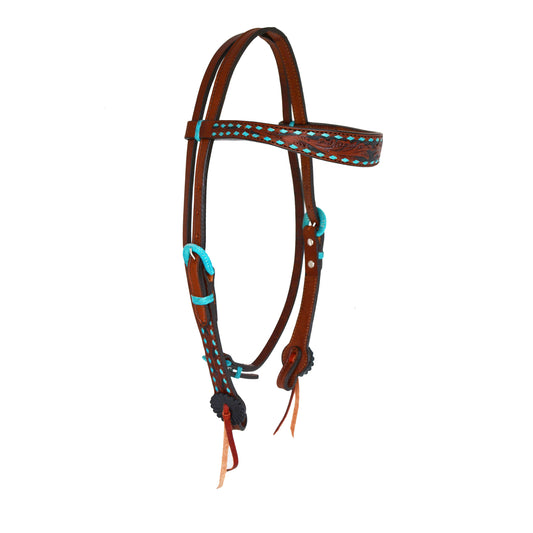 2800-TTBS 1-1/2" Contour browband headstall toast leather TTBS tooling with buckstitch, background paint, and Spanish lace hardware