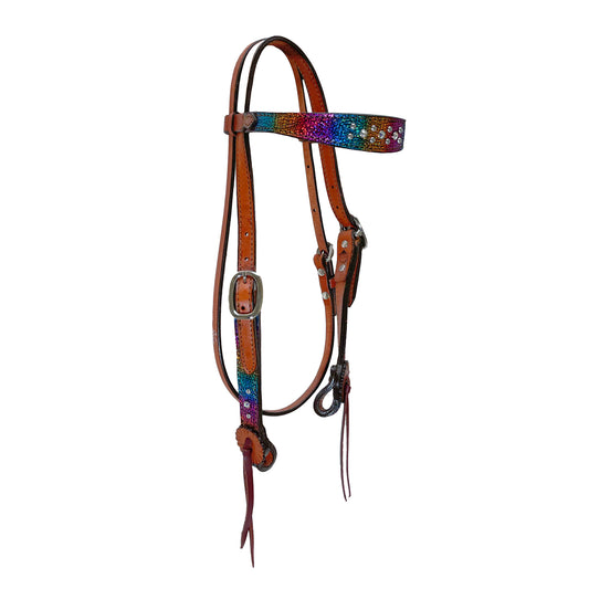 1-1/2" Contour browband headstall toast leather unicorn overlay with Swarovski crystals and SS spots.