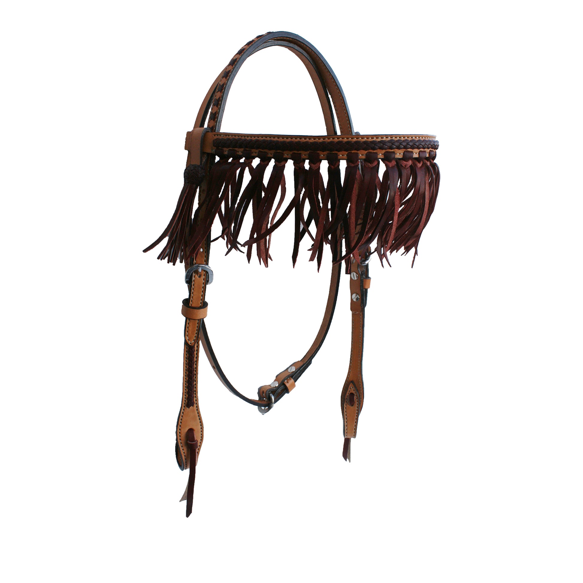 3/4" Straight browband headstall golden leather with latigo braiding, fringe, and tassels.