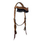 2F17-SUN 1-1/2" Wave browband headstall golden leather sunflower tooling with background paint and fringe