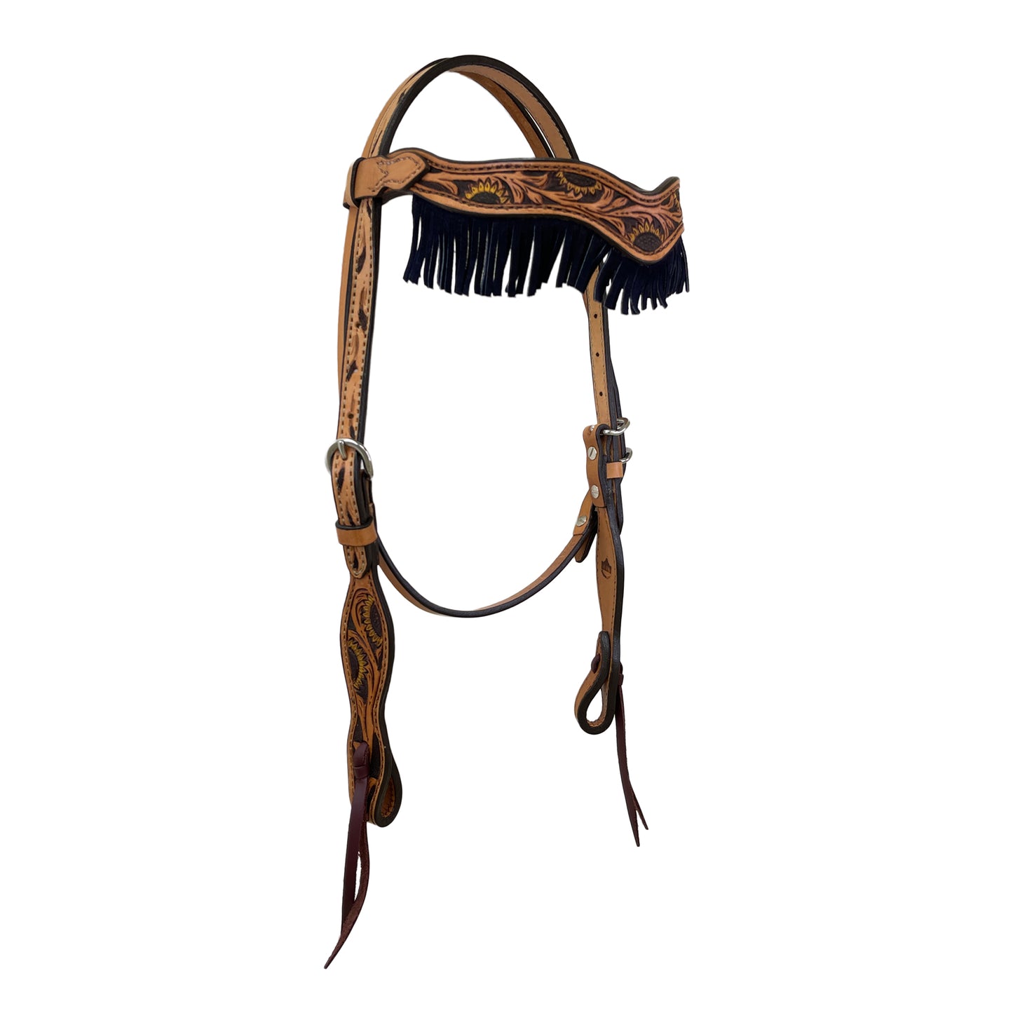 2F17-SUN 1-1/2" Wave browband headstall golden leather sunflower tooling with background paint and fringe