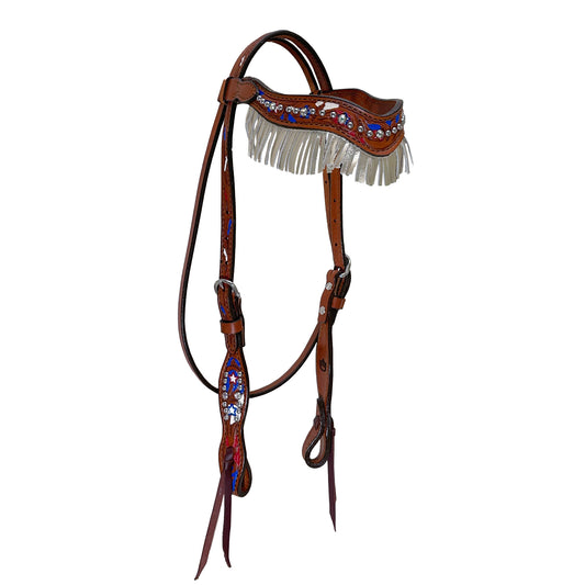 1-1/2" Wave browband headstall toast leather combo AA/star tooling with multicolored background paint, silver fringe, Swarovski crystals, and SS spots.