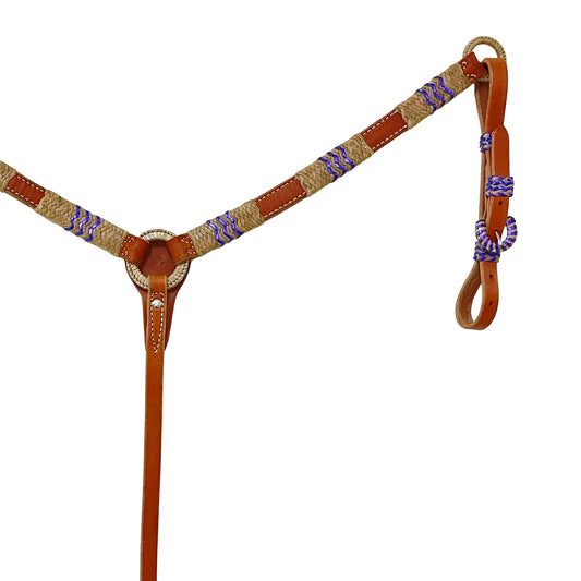 1" Breast collar harness leather metallic purple and natural rawhide braiding with Spanish lace hardware.