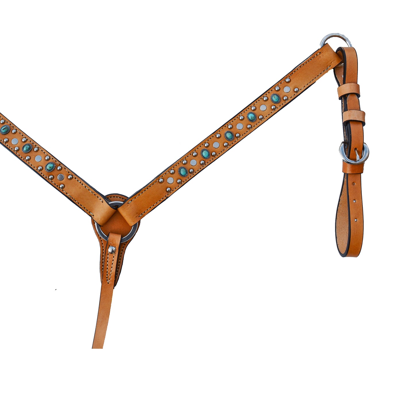 1" Breast collar rough our golden leather with turquoise stones and SS spots. 