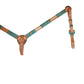 1" Breast collar harness leather natural and teal rawhide braiding with Spanish lace hardware.