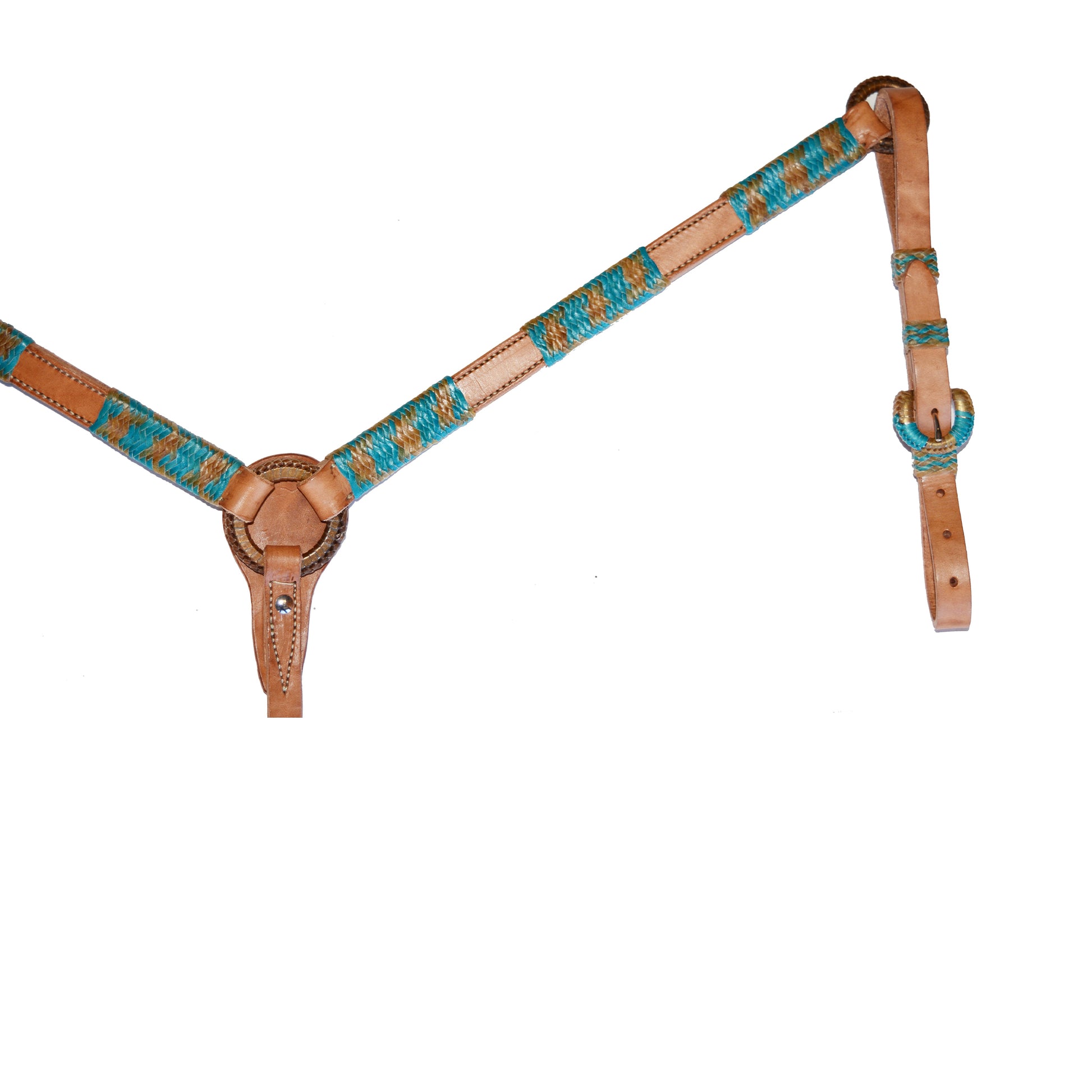 1" Breast collar harness leather natural and teal rawhide braiding with Spanish lace hardware.