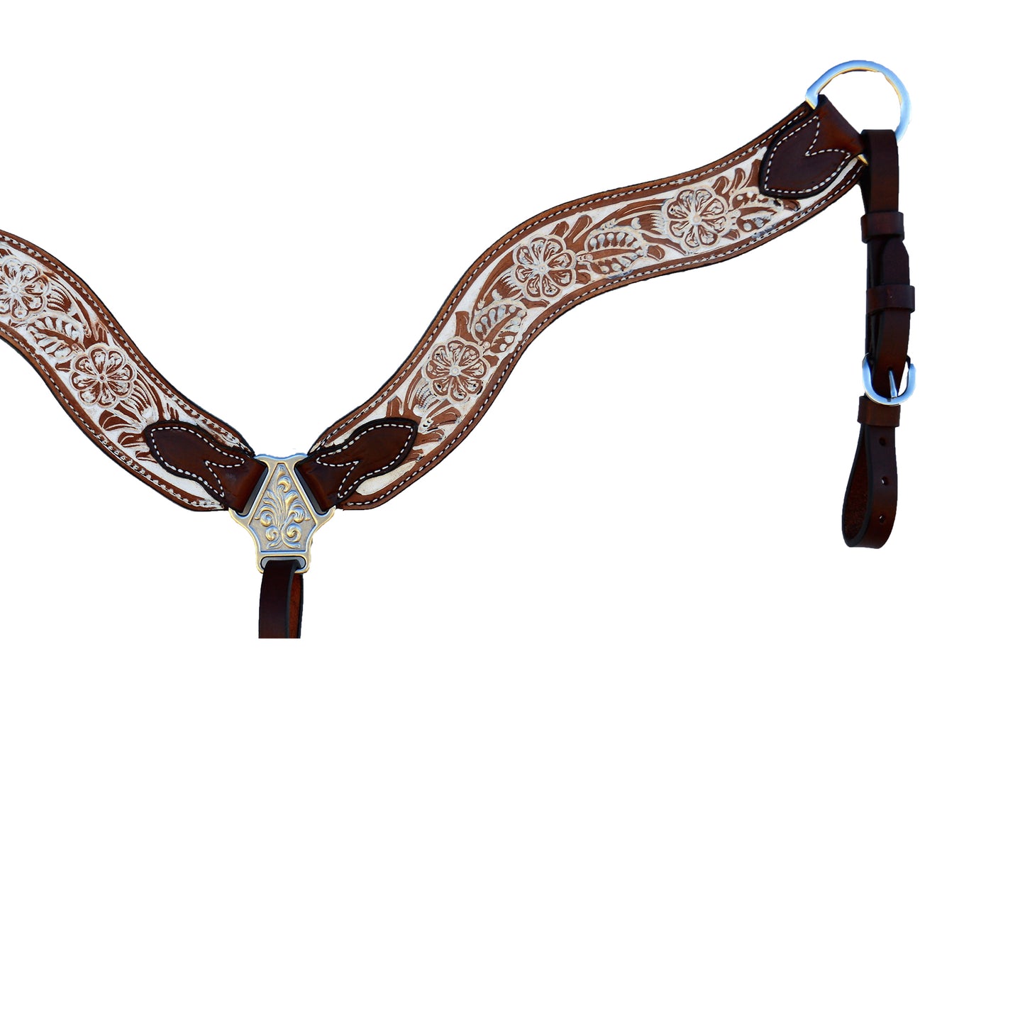 2-1/2" Wave breast collar rough out chocolate leather floral tooled with ivory rustic background paint.