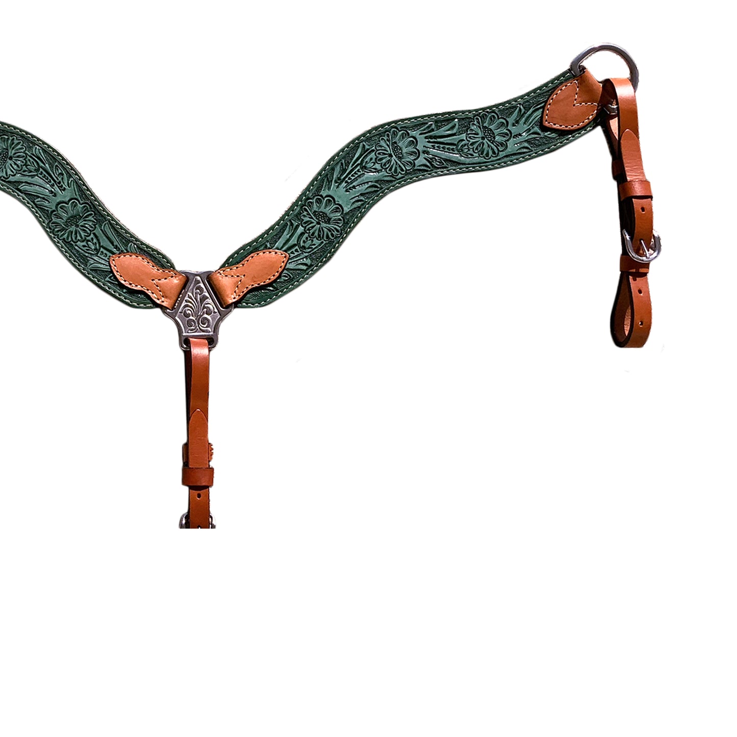 2-1/2" Wave breast collar rough out turquoise and golden leather floral tooled (color may vary).