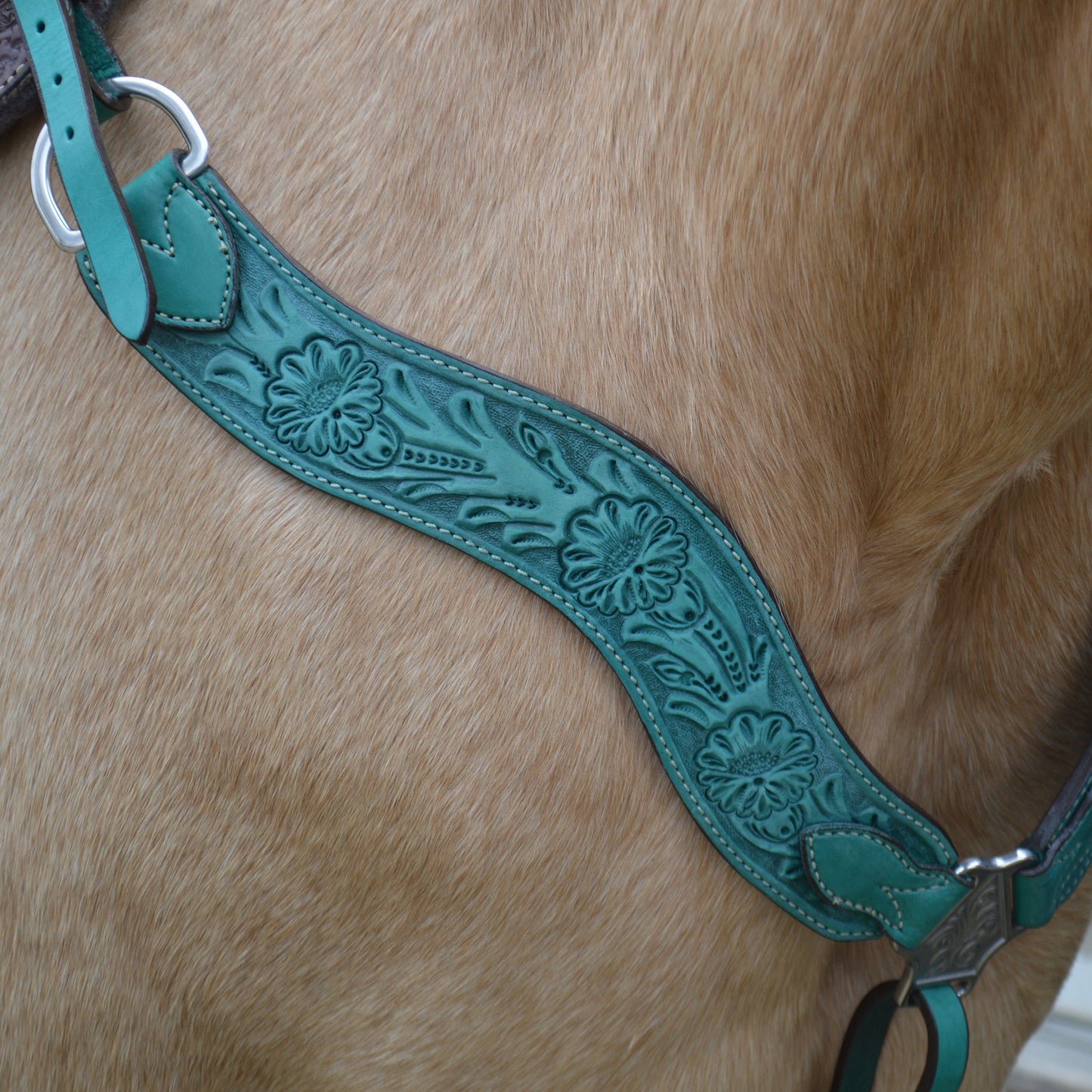 3017-QS 2-1/2" Wave breast collar rough out turquoise leather floral tooled