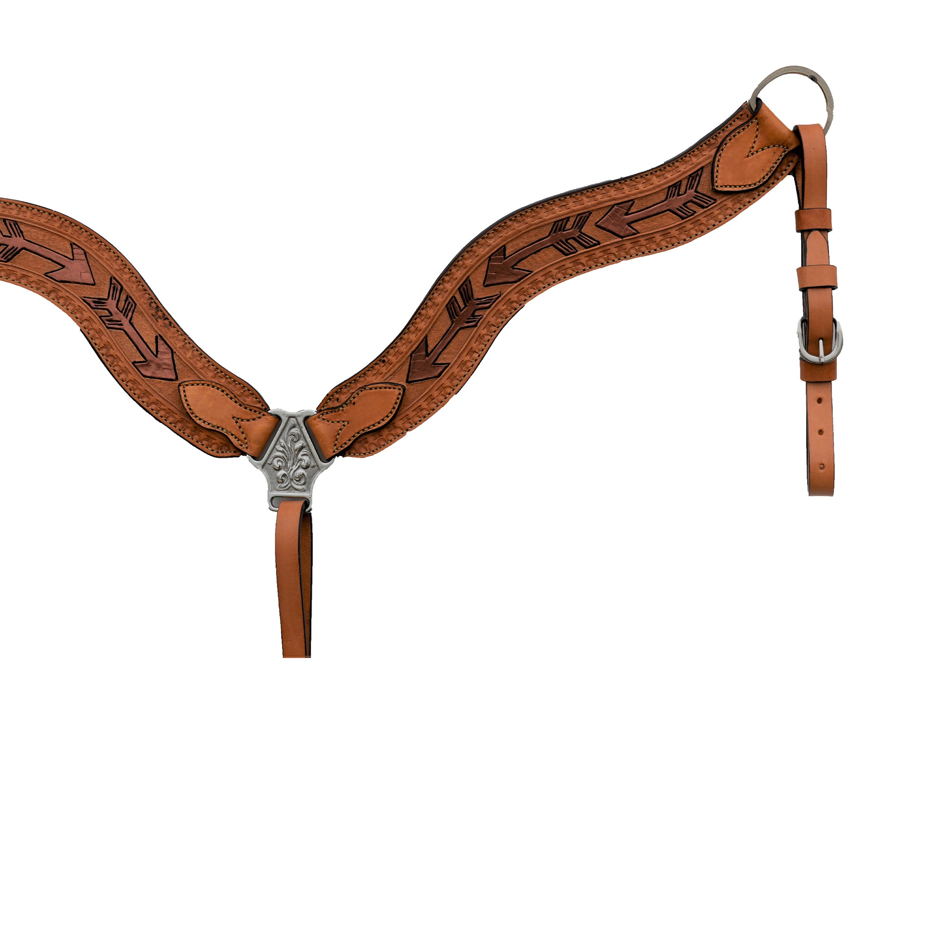 2-1/2" Wave breast collar golden leather geo/basket cross tooling with copper painted arrows.