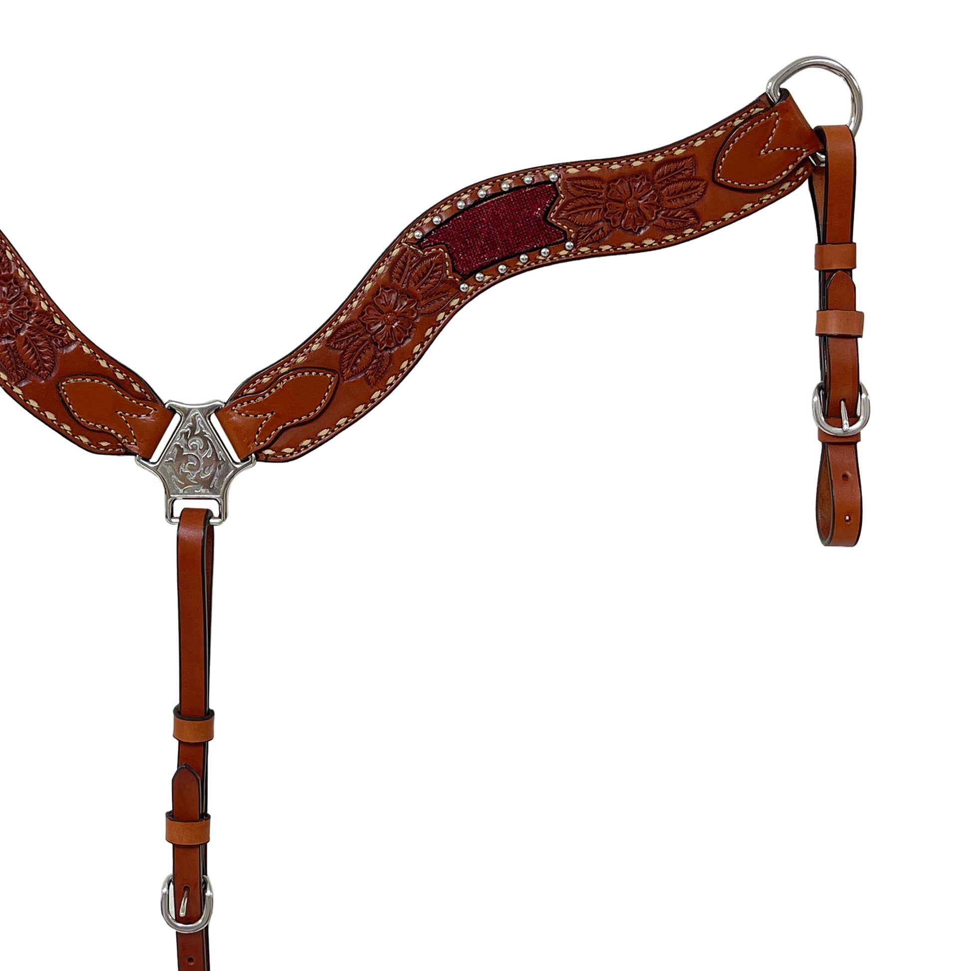 2-1/2" Wave breast collar toast leather ruby rose inlay with cream buckstitch.
