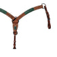 1-3/4" Contour breast collar rough out chocolate leather with turquoise oak leaf tooled patch and rawhide buckstitch. 