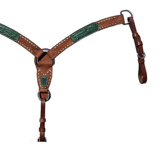 1-3/4" Contour breast collar rough out chocolate leather with turquoise oak leaf tooled patch and rawhide buckstitch. 