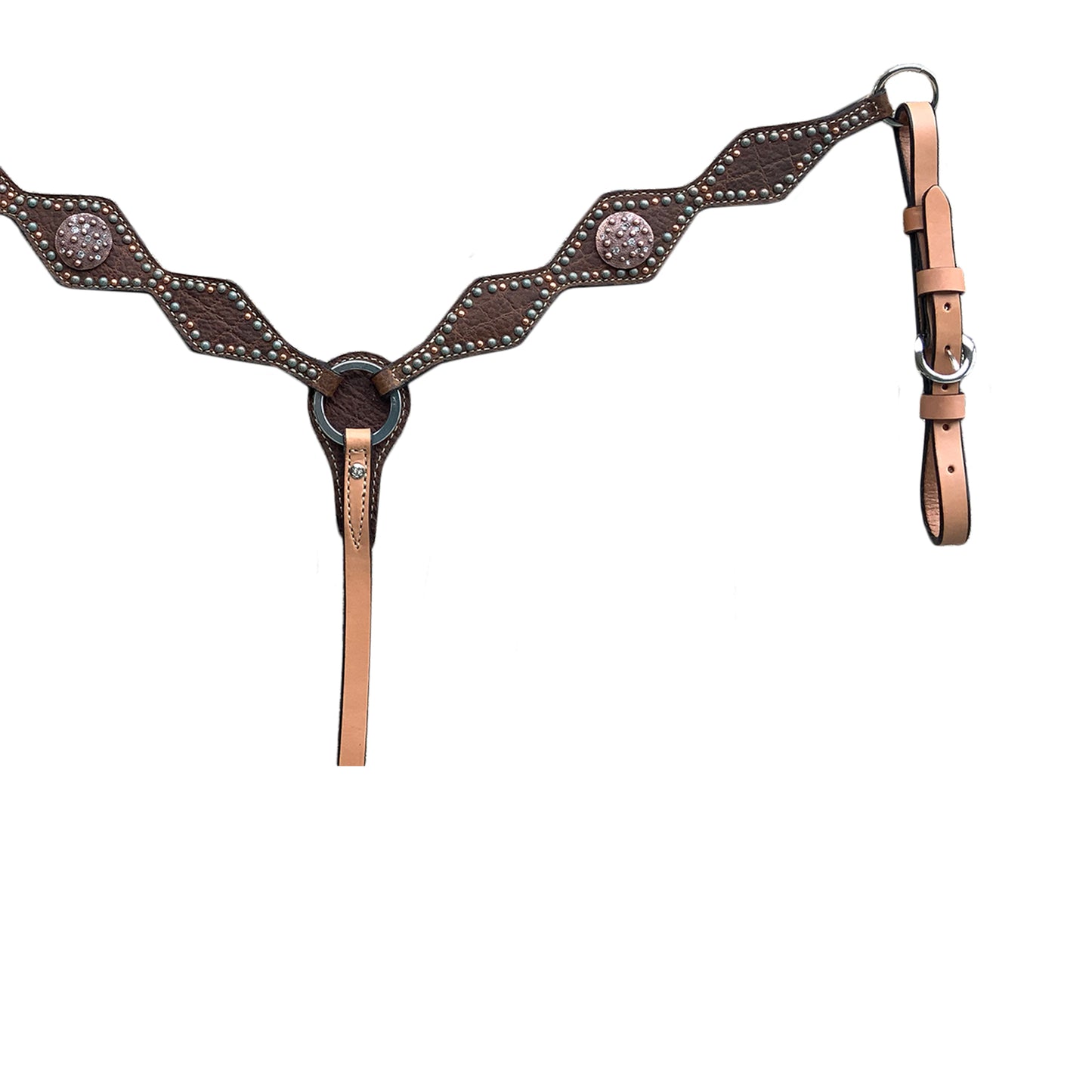 2-1/2" Diamond breast collar rough out golden leather redwood elephant overlay with patina spots and copper spots.