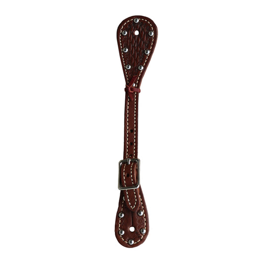 Youth spur straps chocolate leather basket tooled with SS spots. 