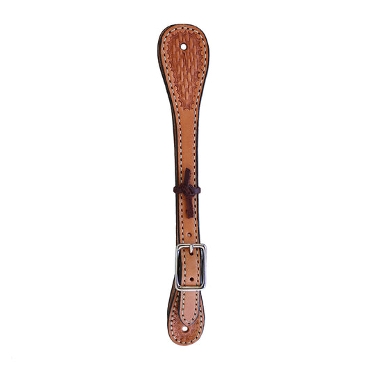 Ladies and kid's spur straps golden leather basket tooled. 