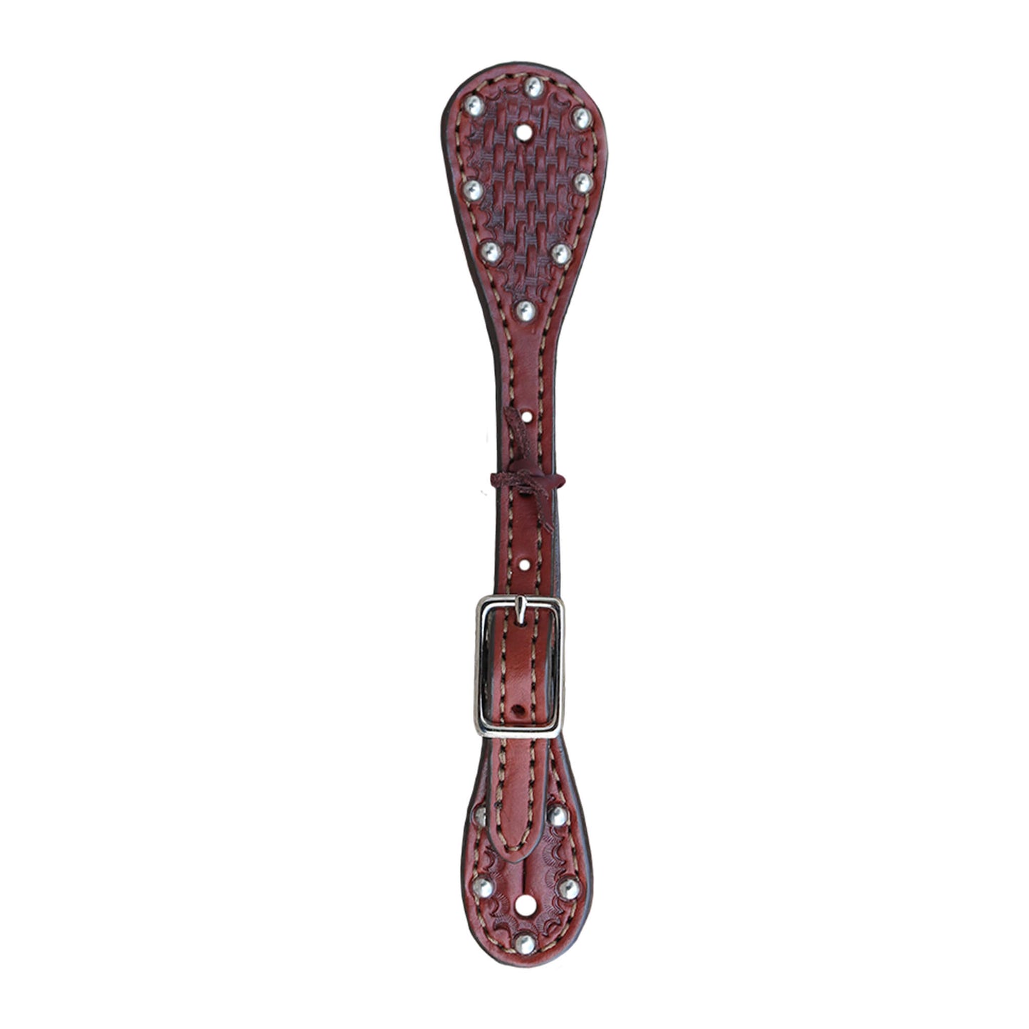 *obsolete* Ladies and kid's spur straps toast leather basket tooled with SS spots.